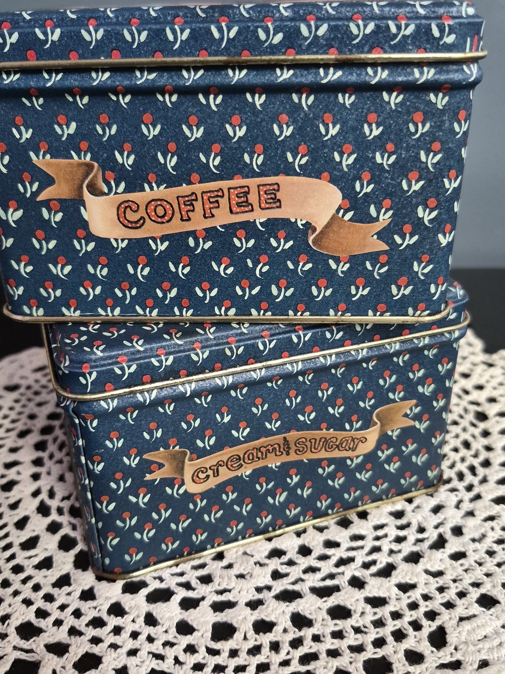 Vintage-Style Coffee & Cream Sugar Tin Set - Navy Floral